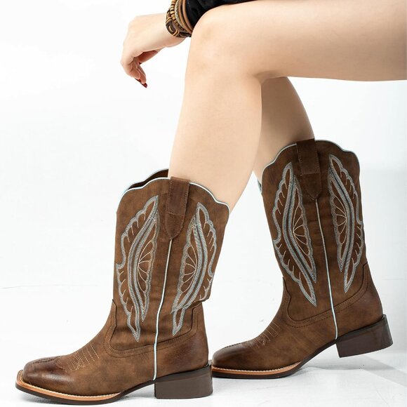 Women's Brown Leather Square Toe Embroidered Knee High Western Cowgirl Boots - Picture 6 of 9